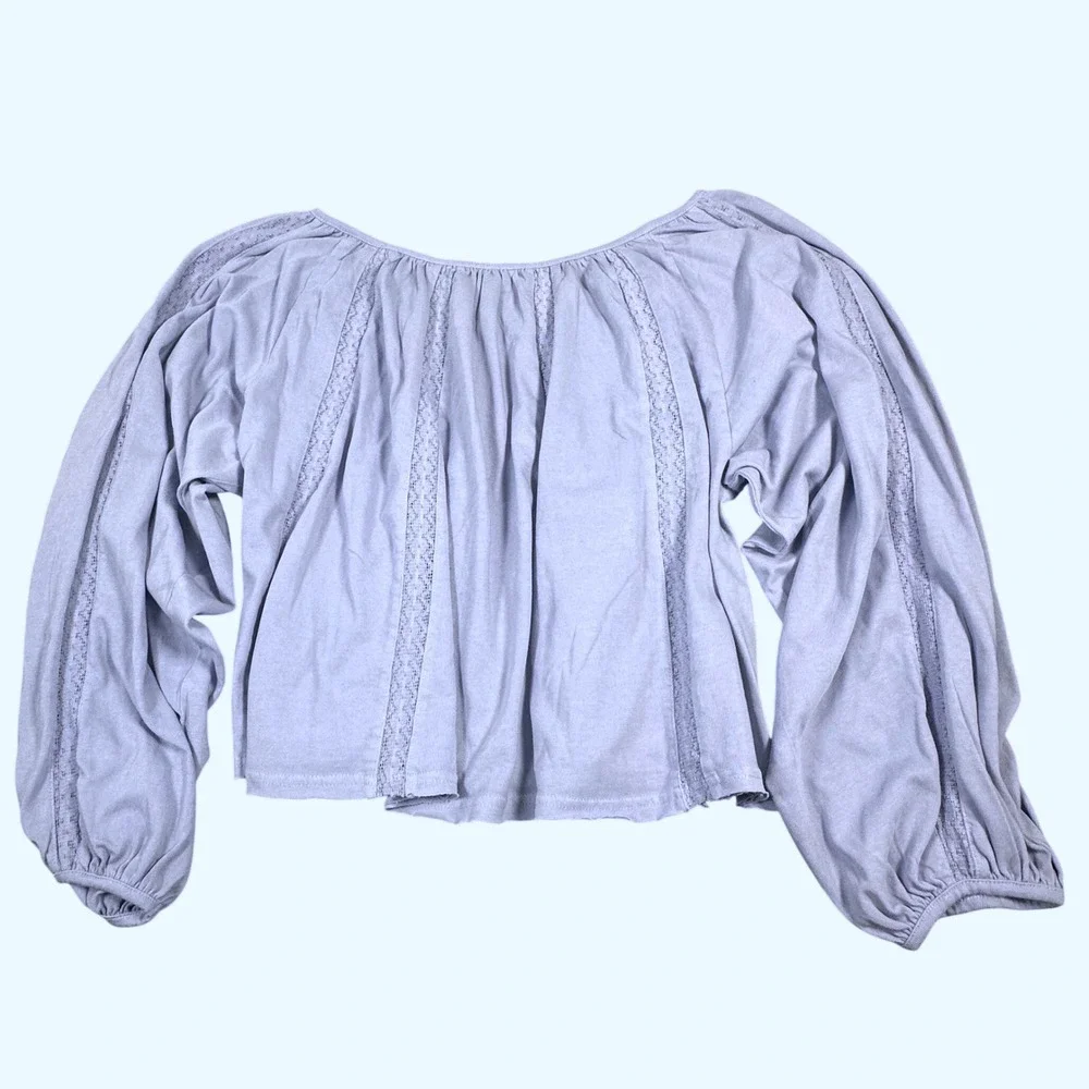 NWT Free People Frosted Violet Cotton Lace Inset Balloon Sleeve Top Medium